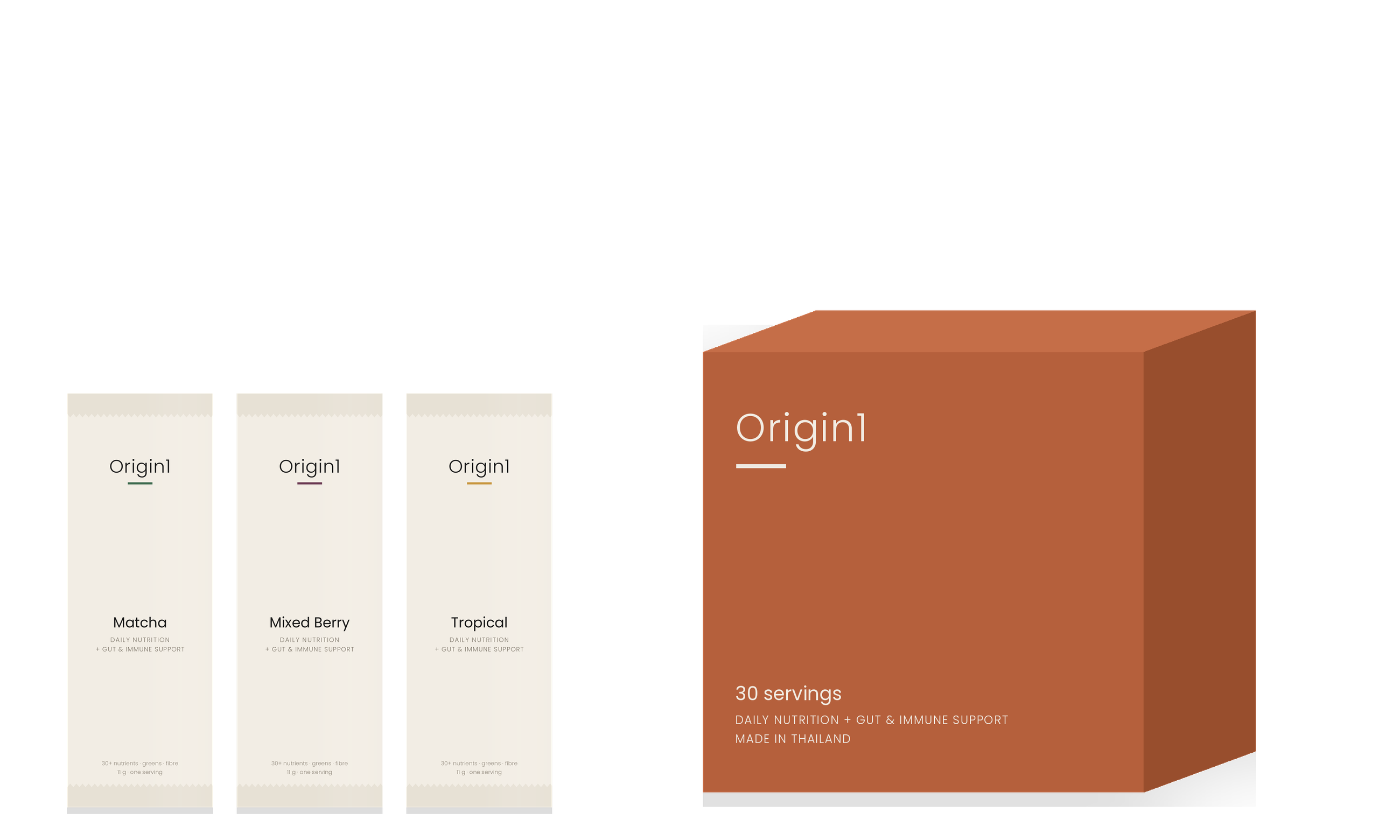 Origin1 box with Tropical, Mixed Berry and Matcha sachets